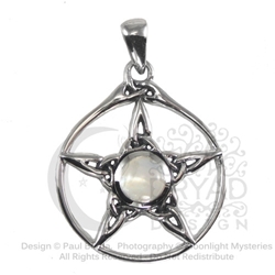 Sterling Silver Triquetra Pentacle Pendant with Rainbow Moonstone  
