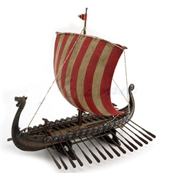 Viking Sail Boat With Red & White Striped Sails 