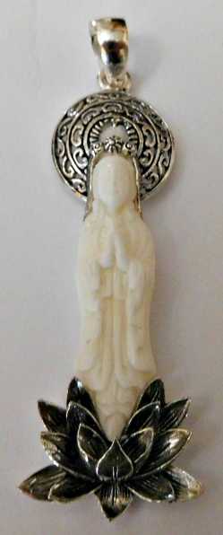 2" Sterling Silver Carved Quan Yin on Lotus Pendant  2" Sterling Silver Carved Quan Yin on Lotus Pendant, Kwan Yin on lotus 