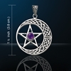Celtic Knotwork Crescent Moon Pentacle Pendant w/ Amethyst Glass  