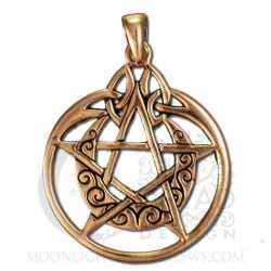 Copper Crescent Moon Pentacle Pendant with Circle  