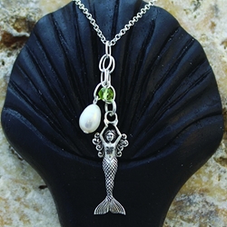 Dainty Sterling Silver Mermaid Pendant Necklace w/ Pearl & Stone Accent on chain 