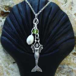 Dainty Sterling Silver Mermaid Pendant Necklace w/ Pearl & Stone Accent on chain 