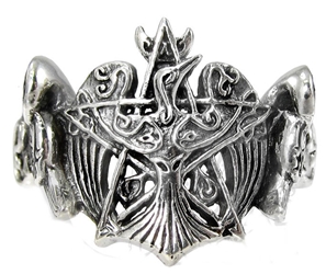 Dryad Designs Sterling Silver Crescent Raven Pentacle Ring 