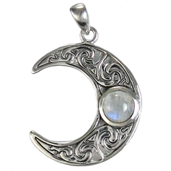 Dryad Designs Sterling Silver Horned Moon Crescent Pendant with Rainbow Moonstone    