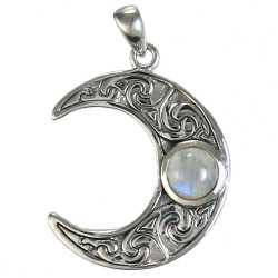 Dryad Designs Sterling Silver Horned Moon Crescent Pendant with Rainbow Moonstone    