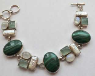 Gorgeous One of a Kind Malachite, Moonstone, Shell and Prehnite Bracelet  8" 