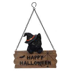 Happy Halloween Black Kitten Sign witchy cat, witch's familiar, witch kitten, black cat, kitten in tea cup, Halloween cat, Happy Halloween Black Kitten Sign