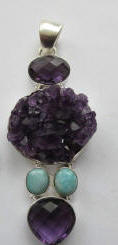 Large Amethyst and Larimar Sterling Silver Pendant 