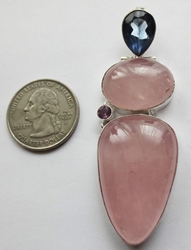Large Rose Quartz Pendant with Iolite Sterling Silver Pendant 