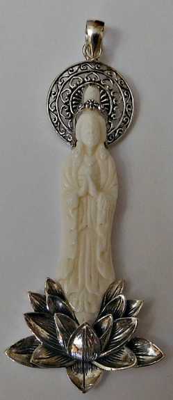Large Sterling Silver Carved Quan Yin on Lotus Pendant Large Sterling Silver Carved Quan Yin on Lotus Pendant, Kwan Yin on Lotus