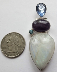 Lovely Large Rainbow Moonstone, Blue Topaz & Amethyst Sterling Silver Pendant 