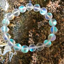 Mermaid Glass Frosted Glass Bead Bracelet Rainbow Moonstone and Black Tourmaline Chip Bracelet , protection bracelet,moonstone bracelet, healing bracelet