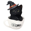 Boo! Black Kitten in a Teacup Statue, so adorable! witchy cat, witchs familiar, witch kitten, black cat, kitten in tea cup, Halloween cat