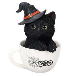 Boo! Black Kitten in a Teacup Statue, so adorable! witchy cat, witch's familiar, witch kitten, black cat, kitten in tea cup, Halloween cat