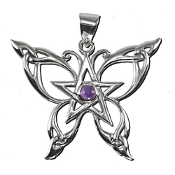 Sterling Silver Butterfly Pentacle Pendant with Amethyst or Rainbow Moonstone 