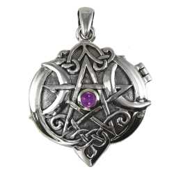Sterling Silver Heart Pentacle Locket with Amethyst  