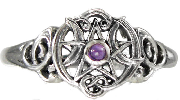 Sterling Silver Heart Pentacle Ring with Amethyst 