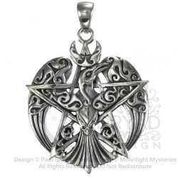 Sterling Silver Large Crescent Raven Pentacle Pendant 