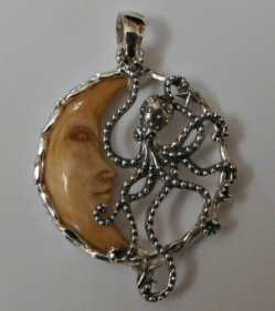 Sterling Silver Moon Carved Bone Octopus Pendant  Sterling Silver Moon Carved Bone Octopus Pendant, octopus Moon