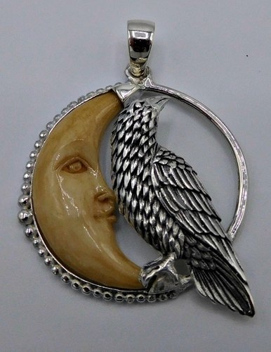 Sterling Silver Raven and Carved Moon Pendant