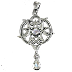 Sterling Silver Small Heart Pentacle Pendant with Rainbow Moonstone 