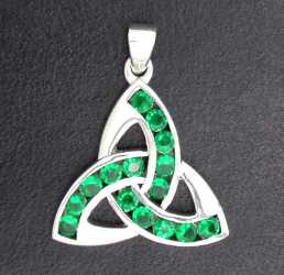 Sterling Silver Triquetra with Green Crystal-Large Pendant 
