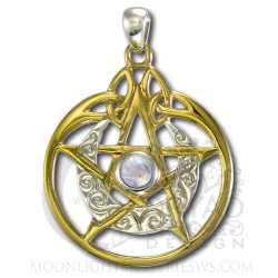 Vermeil Crescent Moon Pentacle Pendant with Circle and Stone Dryad Designs by Paul Borda  