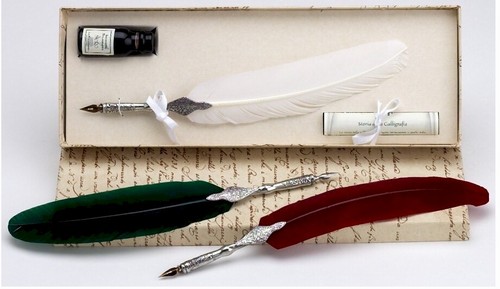 Pewter Feather Nib Pen & Ink Set-White, Green or Dark Red 