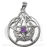 Sterling Silver Crescent Moon Pentacle Pendant with Circle and stone 