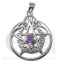 Sterling Silver Crescent Moon Pentacle Pendant with Circle and stone 
